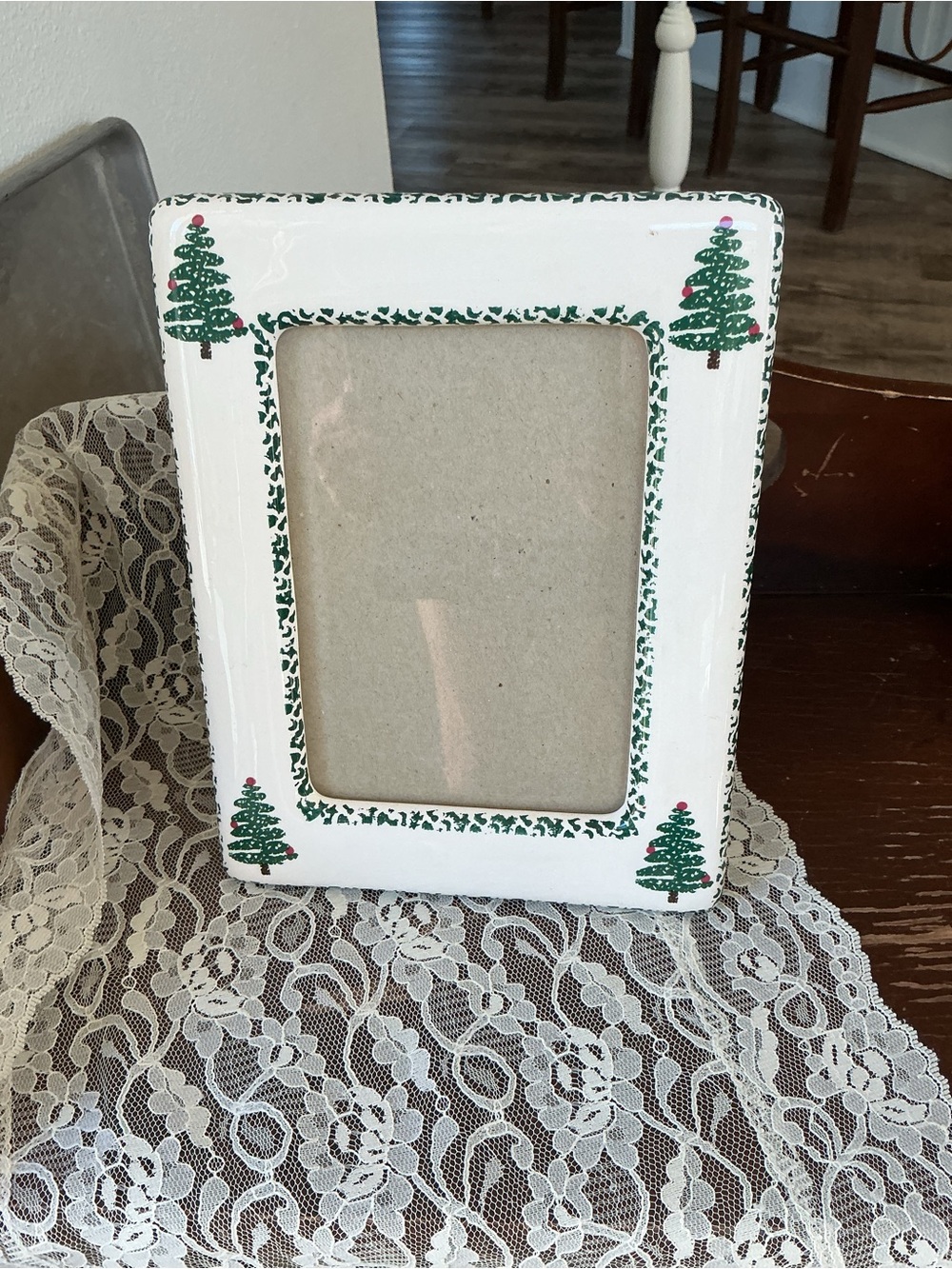 White Picture Frame with Green Christmas Tree Accents -